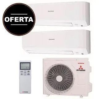 Promoci&oacute;n de unidades de aire acondicionado Mitsubishi blancas con control remoto y una insignia negra 
