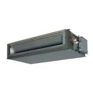 Unidad de conducto de climatizaci&oacute;n rectangular gris aislada sobre un fondo blanco.
