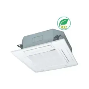 Unidad de aire acondicionado de cassette de techo blanca con etiqueta R32 sobre fondo claro.