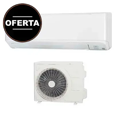 Aire acondicionado mural blanco con unidad exterior y distintivo de venta negro &ldquo;OFERTA&rdquo;.
