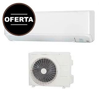 Aire acondicionado mural blanco con unidad exterior; placa de venta negra 