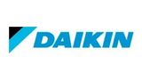 Logotipo de Daikin en azul con una marca geom&eacute;trica en negro y cian sobre fondo blanco.
