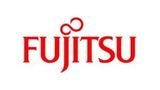 Logotipo de Fujitsu en texto rojo con un s&iacute;mbolo rojo estilizado encima sobre un fondo blanco.