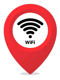 Marcador de ubicaci&oacute;n rojo con el s&iacute;mbolo de WiFi y la palabra 